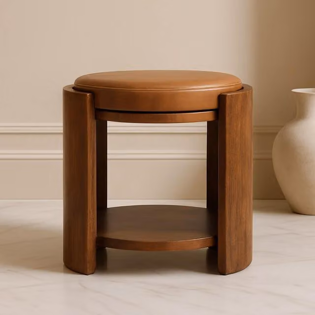 Artisan Furniture Savoy Brown Leather Cylindrical Stool with Mango Wood Frame