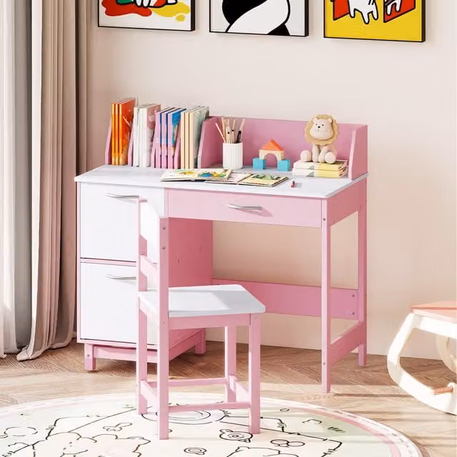 Costway Pink Kid's Study Desk and Chair Set for Children Aged 3 to 6 Years