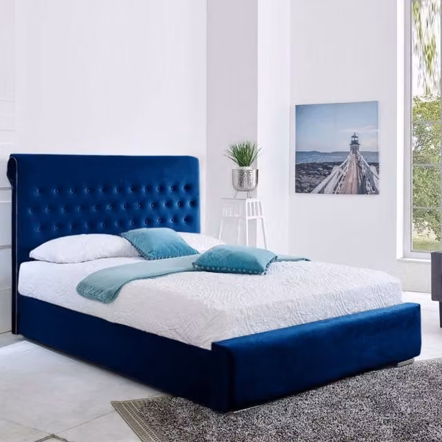 Desire Deco Berlin Blue Velvet Upholstered Bed Frame, 120 x 200 cm