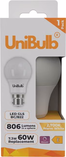 UniBulb LED GLS B22 Dimmable Globe Light Bulb, 806lm, 2700K Warm White