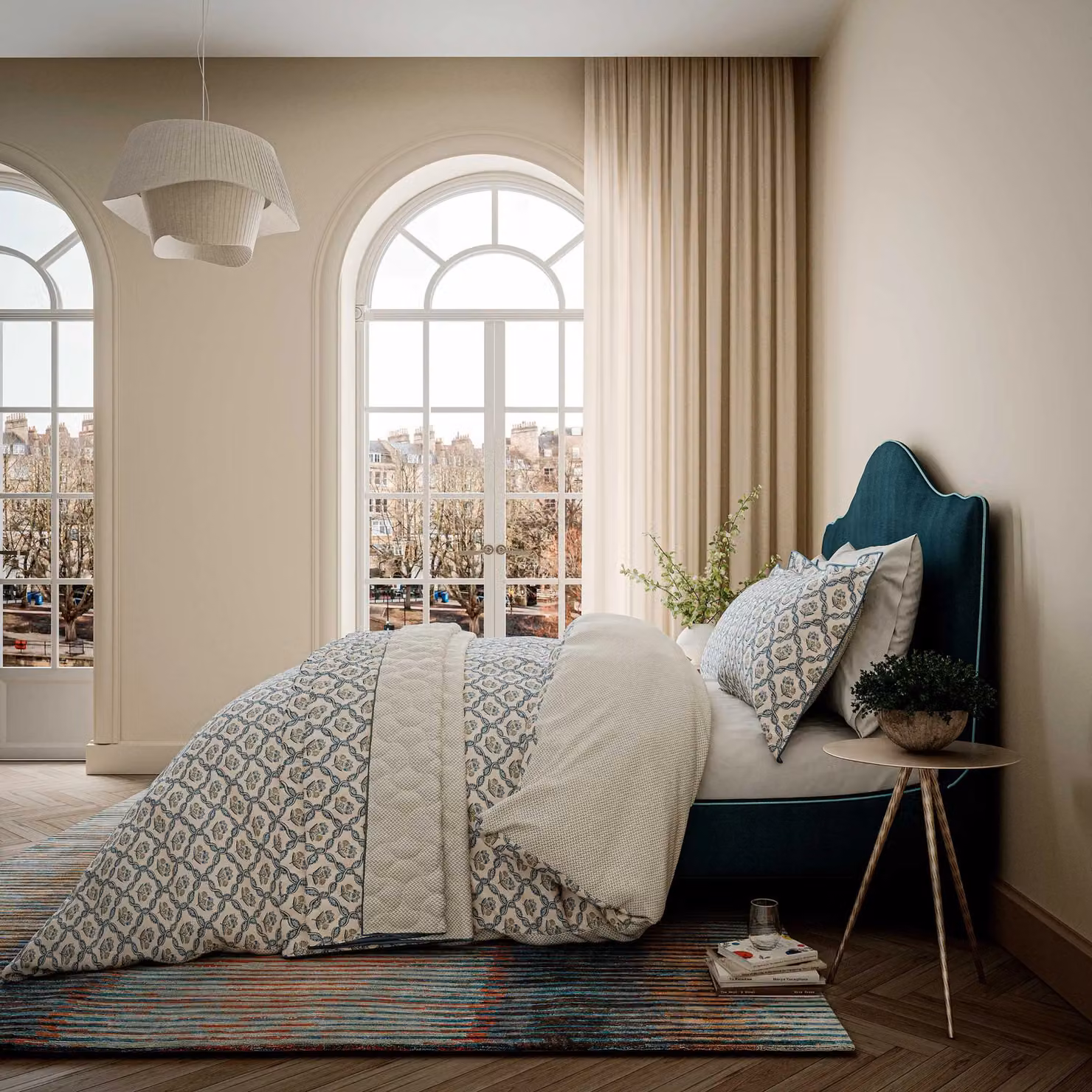 V&A Ribbon Lattice Single Duvet Cover and Pillowcase Set, Petrol Blue Cotton Percale – 2
