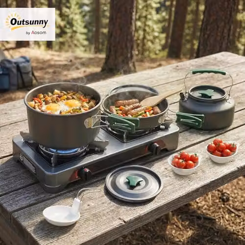 Outsunny Grey Anodised Aluminium Camping Cookware Set for 2-3 People including Pot and Frying Pan – 2