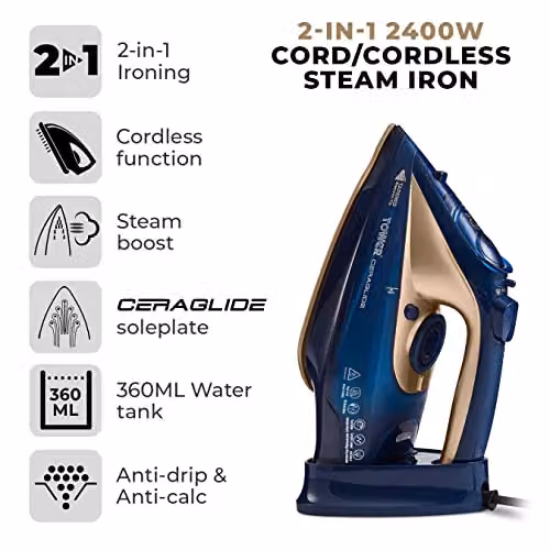 Tower T22008BLG CeraGlide Cordless Steam Iron with Ceramic Non-Stick Soleplate, Blue and Gold – 2