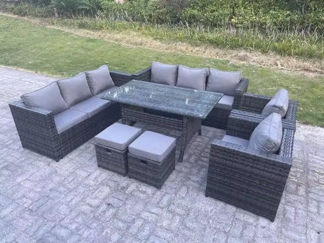 Fimous 10 Seater Outdoor Lounge Sofa and Rattan Dining Set in Dark Grey
