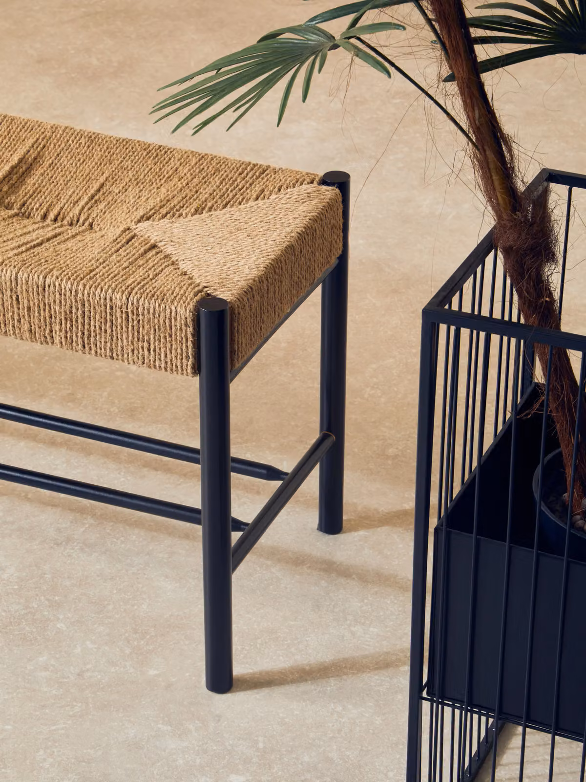 Orsina Minimalist Handwoven Beech Wood Bench in Black, W/D/H: 110 x 35 x 45 cm – 2