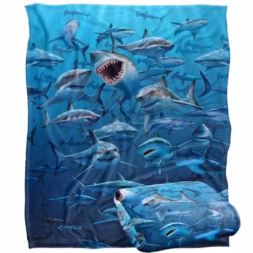 JQ Licensing Royce Mcclure Wish You Were Here Great White Sharks Super Soft Fleece Throw Blanket, White, W/D/H: 152 x 127 cm