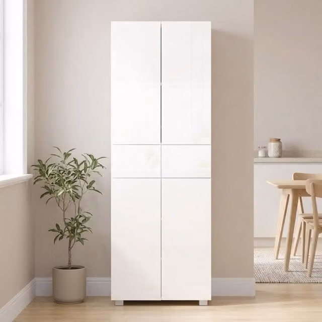 STILVORA Modern Tall Storage Cabinet in High Gloss White with Internal Drawers and Shelves