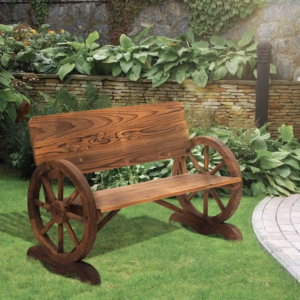 VOGREX Rustic Wooden Garden Bench Outdoor Loveseat with High Back, Brown – 3