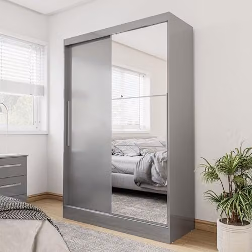 Birlea Lynx Grey High Gloss 2-Door Sliding Wardrobe with Mirror – 2