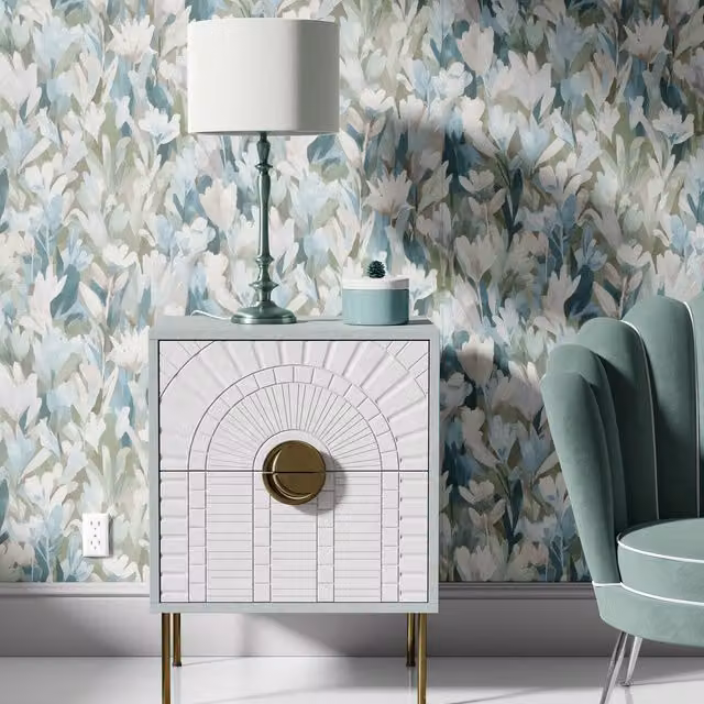 Erismann Botanical Floral Modern Pre-pasted Vinyl Wallpaper in Green, Blue, Sand and Anthracite