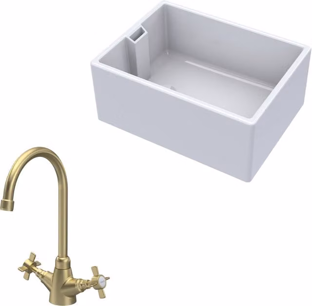 Balterley White Ceramic 1 Bowl Belfast Kitchen Sink with Brushed Brass Two Handle Tap, Width: 61.5 cm