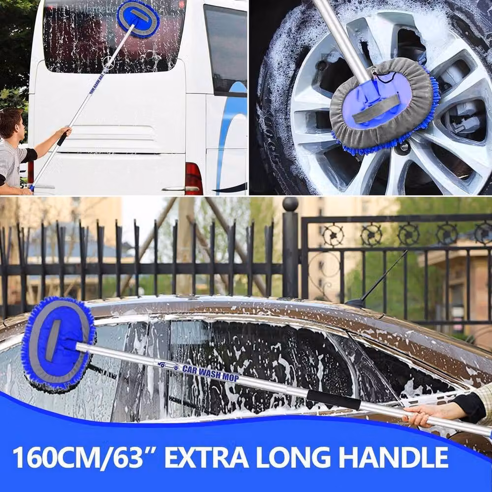 VOGREX Blue Microfibre Car Wash Brush with 160cm Extendable Aluminium Telescopic Handle and Refillable Head – 4