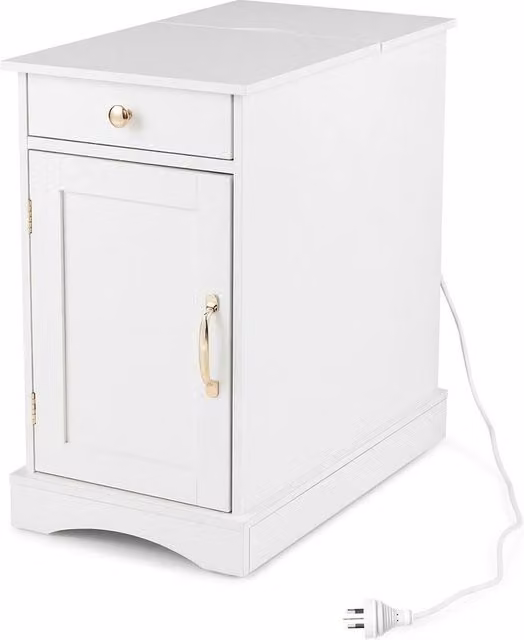Costway White End Table with Charging Station and Narrow Bedside Design