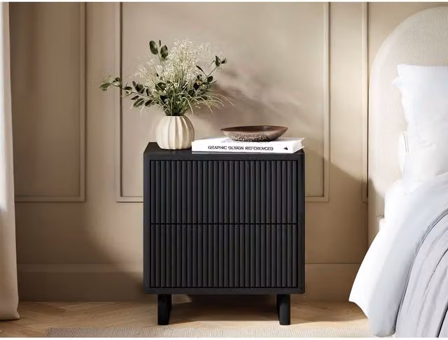 Solace+Co Velmor 2 Drawer Ribbed Bedside Table in Black, W/D/H: 39.5 x 39.5 x 54.5 cm – 1
