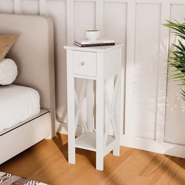 Livingandhome Modern Matt White and Silver Bedside Table