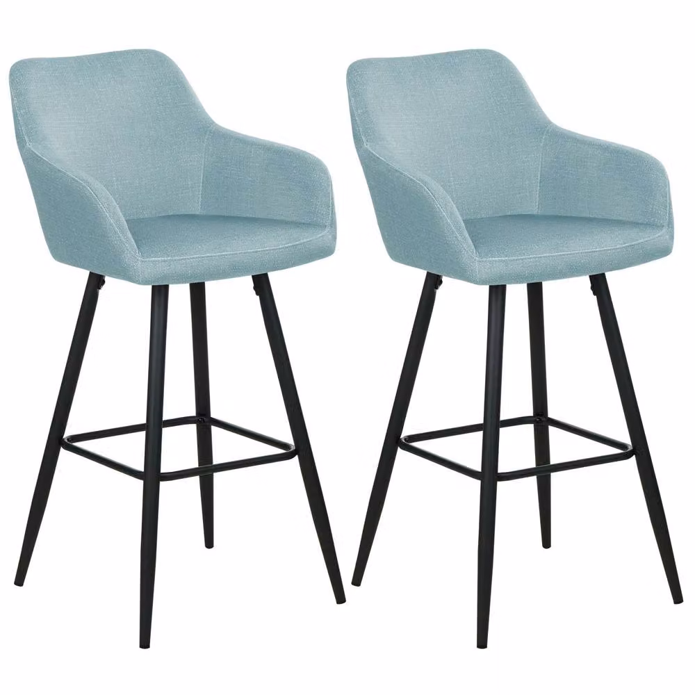 Wyld and Coco Set of 2 Light Blue Velvet Bar Stools with Armrests and Backrest and Black Powder Coated Metal Frame – 2
