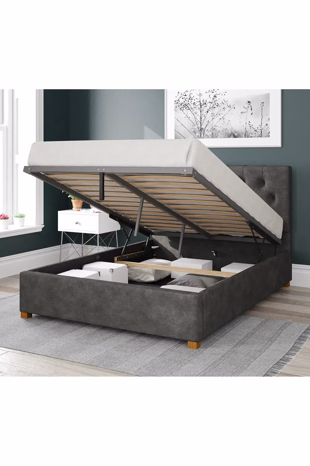 Aspire Olivier Upholstered Ottoman Storage Bed in Grey Kimiyo Linen Fabric, W/D/H: 140 x 200 cm – 2