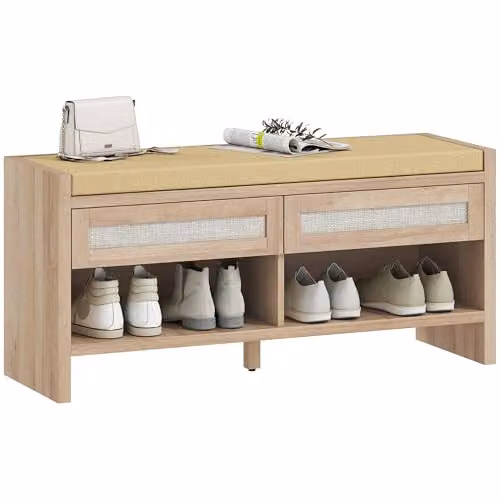 HOMCOM Shoe Bench with 2 Rattan Drawers in Brown Oak Wood Effect, W: 105 cm, D: 35 cm, H: 50 cm – 1