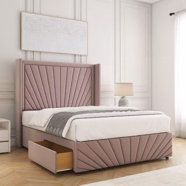 BSSPOKE Nola Double Divan Bed with 54 inch Headboard and 2 Drawers in Pink Plush Velvet