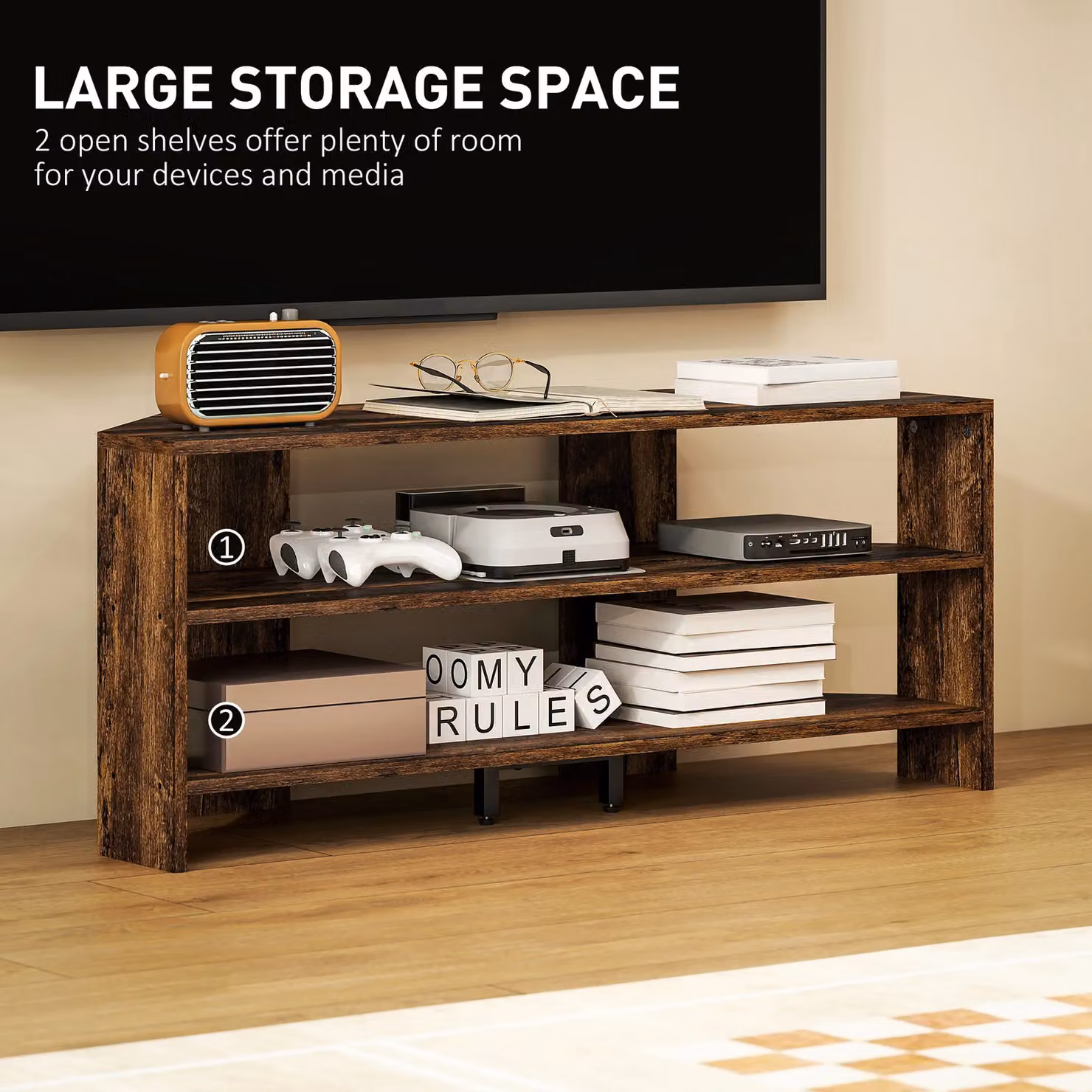 HOMCOM Minimalist Corner TV Stand with Open Shelves in Brown – 3