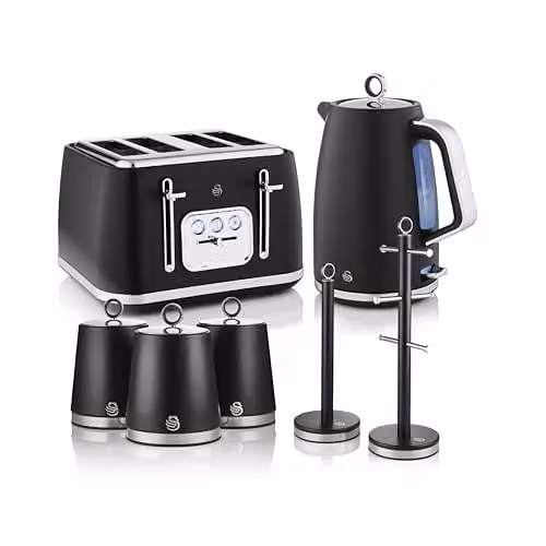 Swan Serenity Complete Essentials Kitchen Set in Black, including 1.7L Rapid Boil Kettle, 4 Slice Toaster, 3 Canisters, Towel Pole and Mug Tree, EEJB479 – 1