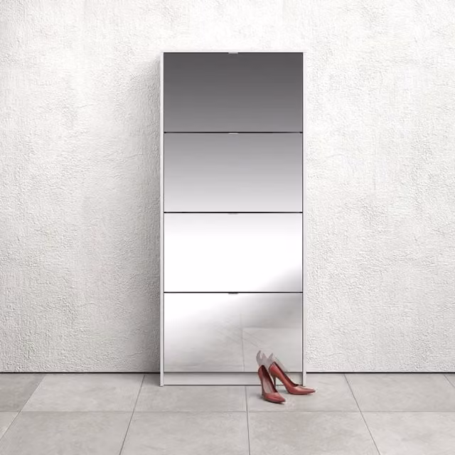 Furniture To Go Modern White Glossy Shoe Cabinet with 4 Tilting Mirror Doors and 2 Layers