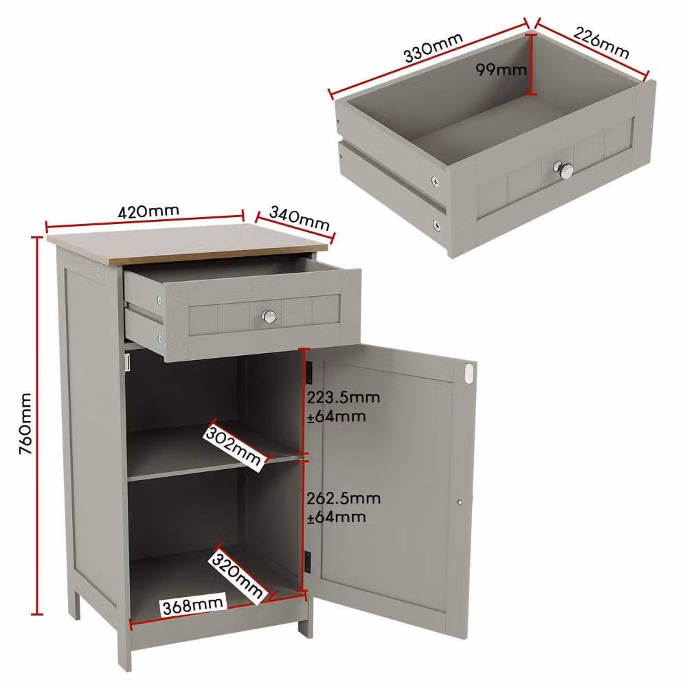 HD Designs Priano Modern Grey Freestanding Bathroom Cabinet with 1 Door and 1 Drawer – 2
