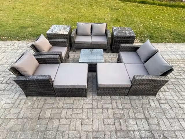 Fimous 9 Piece Grey Rattan Garden Furniture Set with U-Shape Sofa, Coffee Table and Ottomans