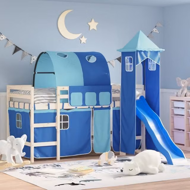 Berkfield Home Opaque Blue Polyester Curtains for Loft Bed with Tunnel and Tower