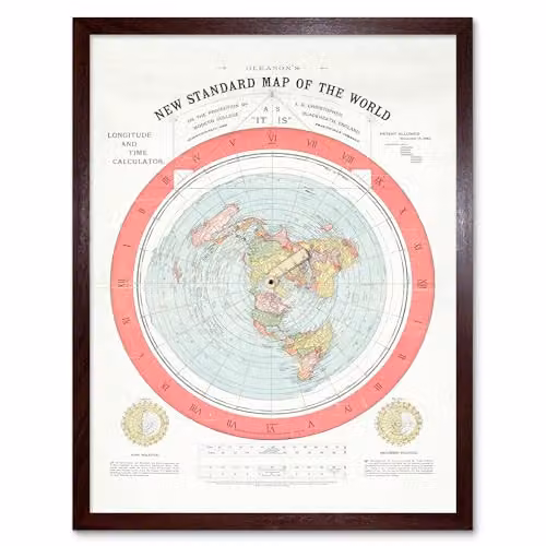 Artery8 Map Gleason 1892 World Time Calculator Flat Earth Art Print Framed Poster, Multicolour, W: 30.48 cm x H: 40.64 cm