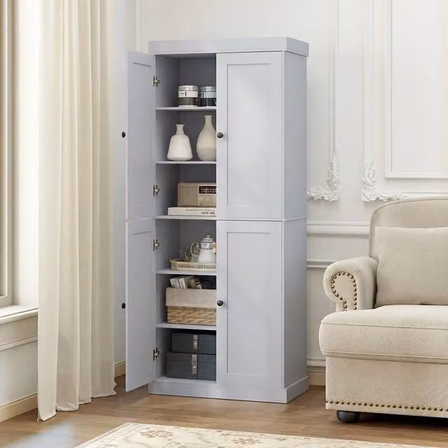 Gymax 4-Door Tall Freestanding Kitchen Pantry Cabinet in Grey with Soft-Close Hinged Doors and Internal Shelves, Height: 185 cm – 1