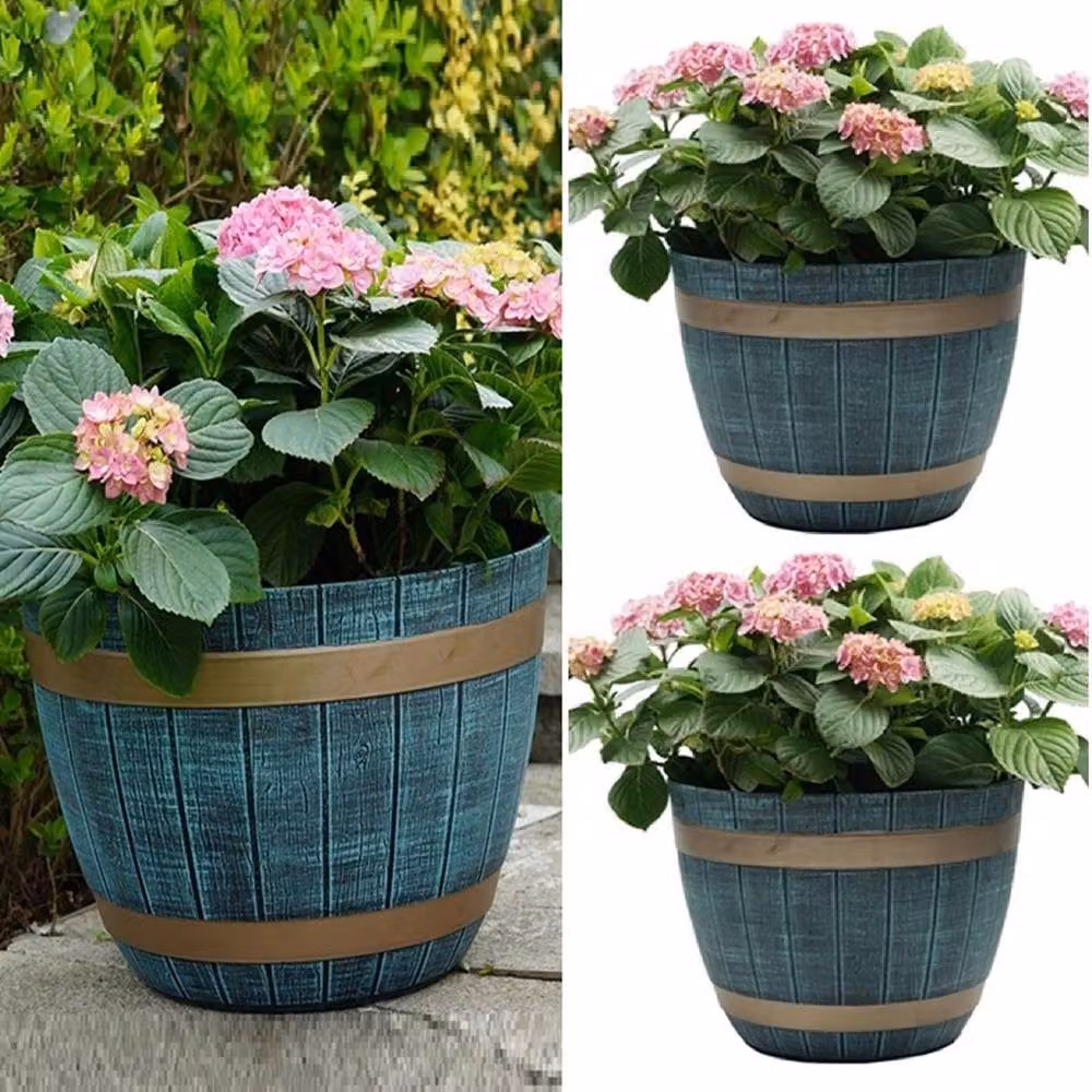 Havendro Blue Rustic Plastic Barrel Planter Tub Set of 2 – 3