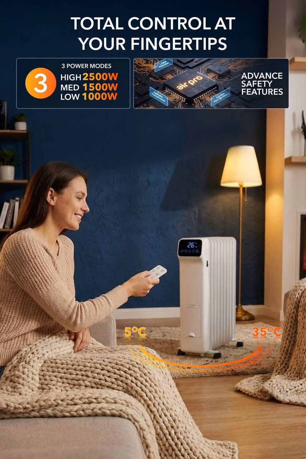 Air Pro 2500W Oil-Filled Electric Radiator with Thermostat and 9 Hour Timer, White – 4