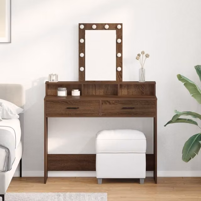 Berkfield Home Brown Oak Dressing Table with LED Lights, W/D/H: 100 x 41 x 140 cm