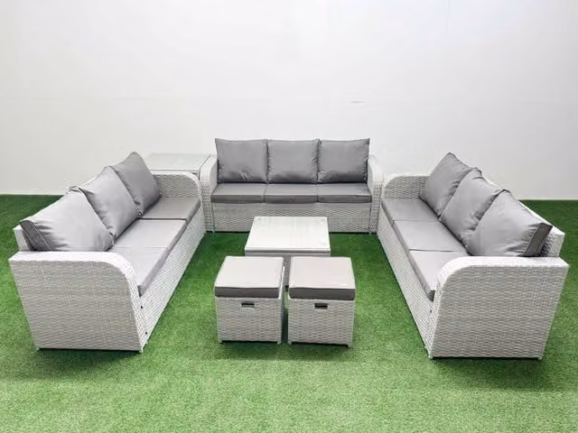 Fimous 11 Seater PE Rattan Outdoor Garden Furniture Set in Light Grey with 3 Seater Sofa, Coffee Table and Ottomans