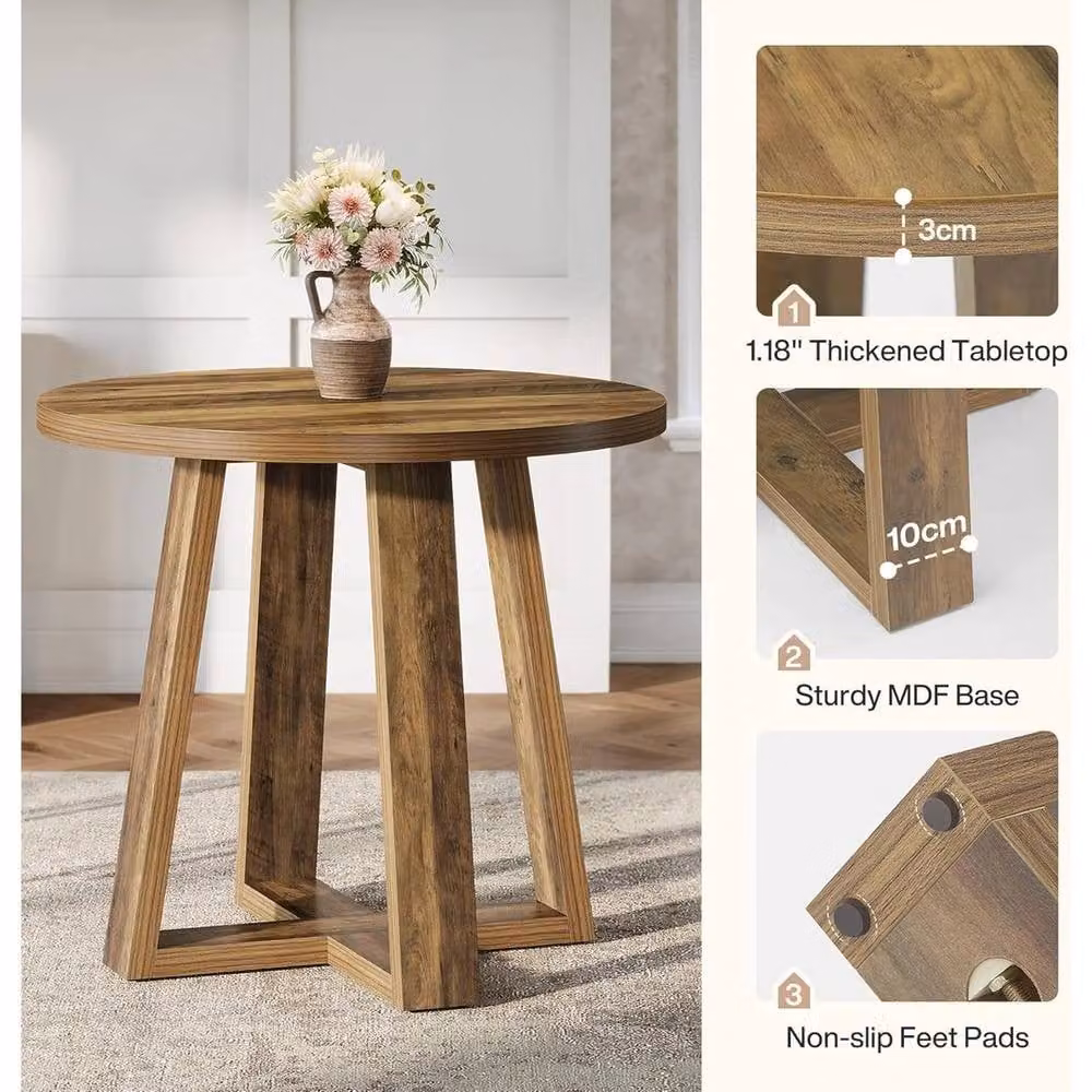 VOGREX Round Rustic Farmhouse Dining Table in Brown, Diameter: 80 cm, Height: 75 cm – 4