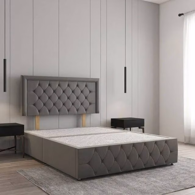 Regional Furnishings Single Divan Bed in Grey Plush Velvet with 24 inch Headboard and Footboard, W/D/H: 90 x 190 cm