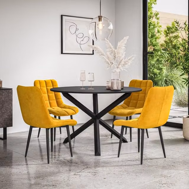 More4Homes Malvern Round Dining Table and Set of 4 Nova Velvet Dining Chairs in Mustard and Black, Diameter: 120 cm, Height: 75 cm – 1