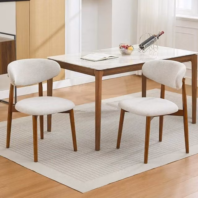 London Boutique Set of 2 Mid-Century Wooden Dining Chairs with Armrests in Beige Fabric