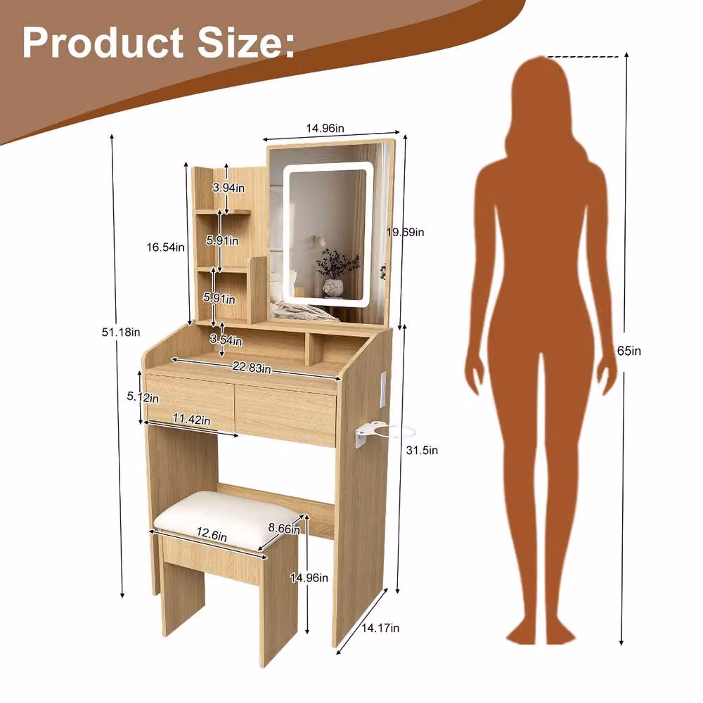 Rolipo Compact Makeup Vanity Desk with LED Lights, Power Socket and Stool in Brown – 2