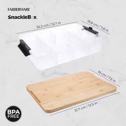 Farberware Bamboo Snackle Box with 7 Dividers and Rectangular Chopping Board Lid, Brown, W: 33 cm, D: 20 cm – 2