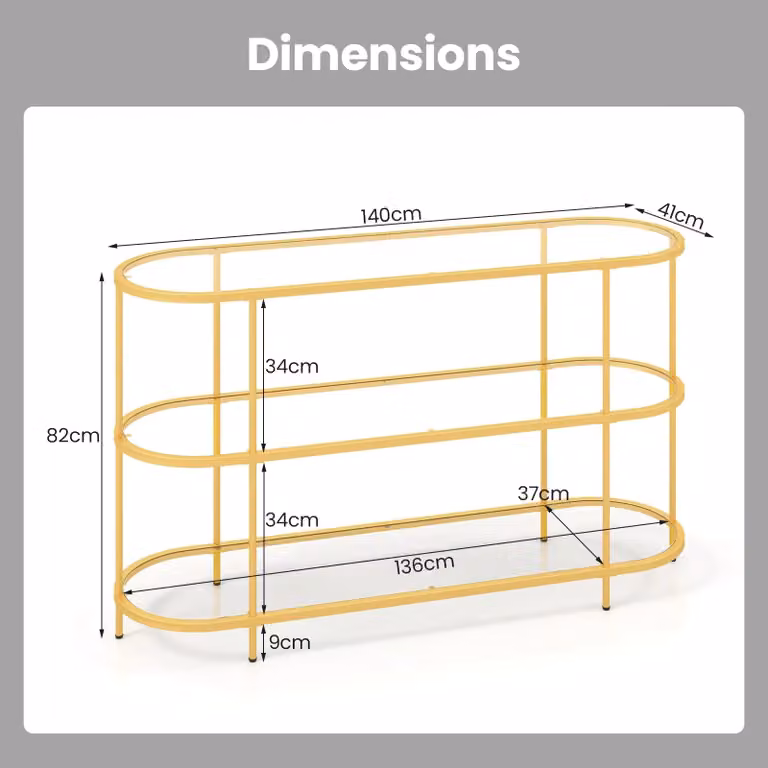 Costway 3-Tier Modern Gold TV Stand with Glass Shelves for TVs up to 65 inch, Width: 140 cm