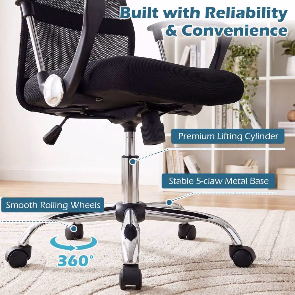 Costway Black Mesh Office Chair with Reclining Backrest, Armrests and Swivel Function for Home Office – 6