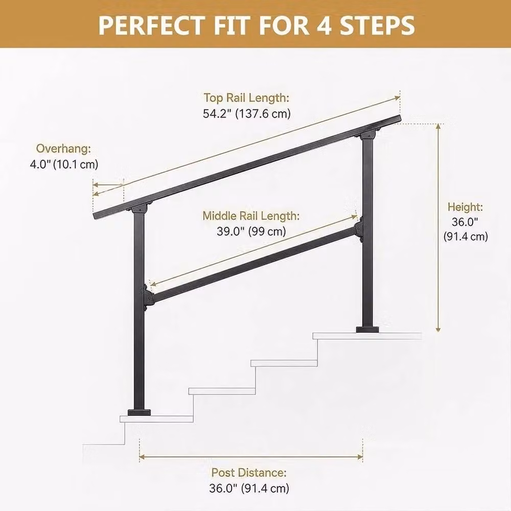 NESTLUNE Zinc Steel 4-Step Balustrade Stair Grab Rail in Black, W: 100 cm, H: 52 cm, D: 52 cm – 2