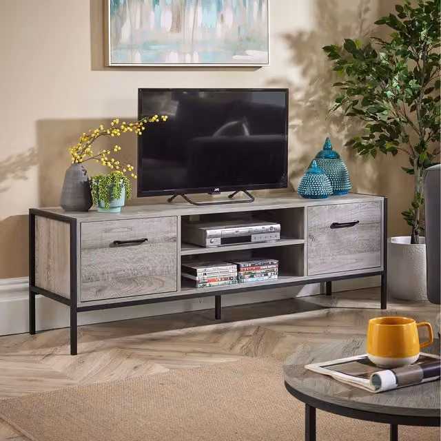 Home Source Oakmere Industrial 2 Door TV Stand Storage Unit in Grey Oak and Black