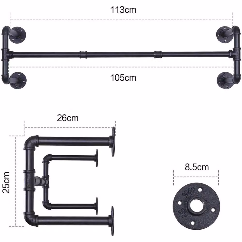 FLAVORA Industrial Metal Mounted Clothes Hanging Rack in Matt Black, Width: 105 cm – 2
