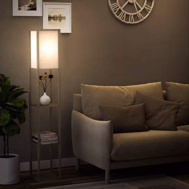 HOMCOM Modern 3 Tier Floor Lamp with Shelves in White and Wood