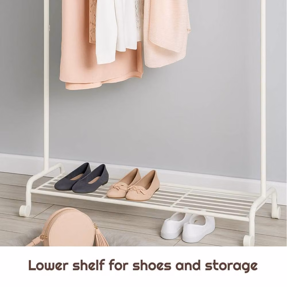 FORGEVIO Vintage Metal Garment Rail with Shoe Rack in Cream White, H 157 x W 100 x D 40 cm – 3
