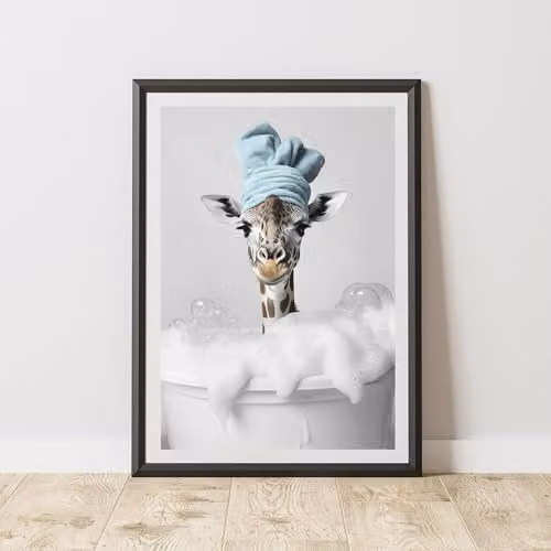60 Second Makeover Giraffe Blue Towel Head Animal Print Paper Poster, A4