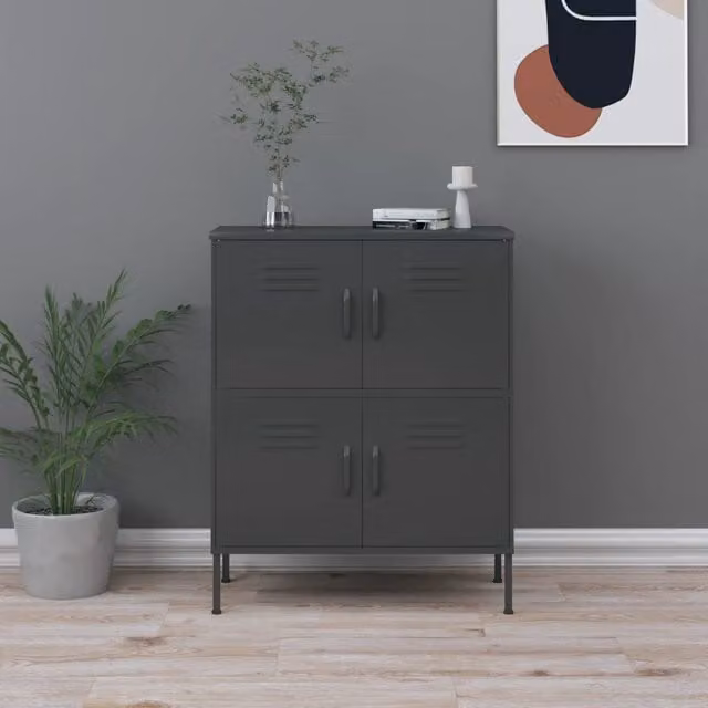 Berkfield Home Anthracite and Black Steel Storage Cabinet with Hinged Doors, W/D/H: 80 x 35 x 101.5 cm
